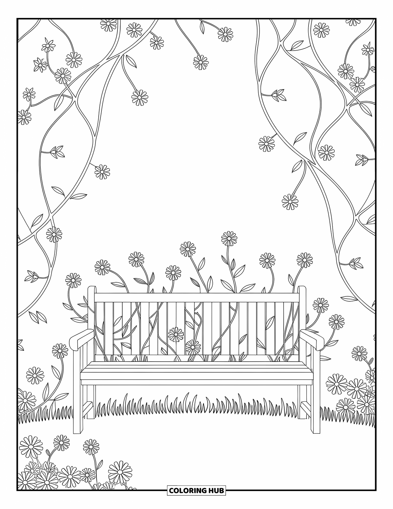 Desenho de primavera para colorir para adultos: Um banco charmoso em uma floresta tranquila, cercado por vinhas retorcidas e flores delicadas