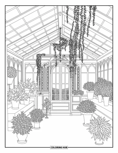 Spring Coloring Page for Adults: A charming greenhouse brimming with plants, curling vines, and a peaceful corner to relax