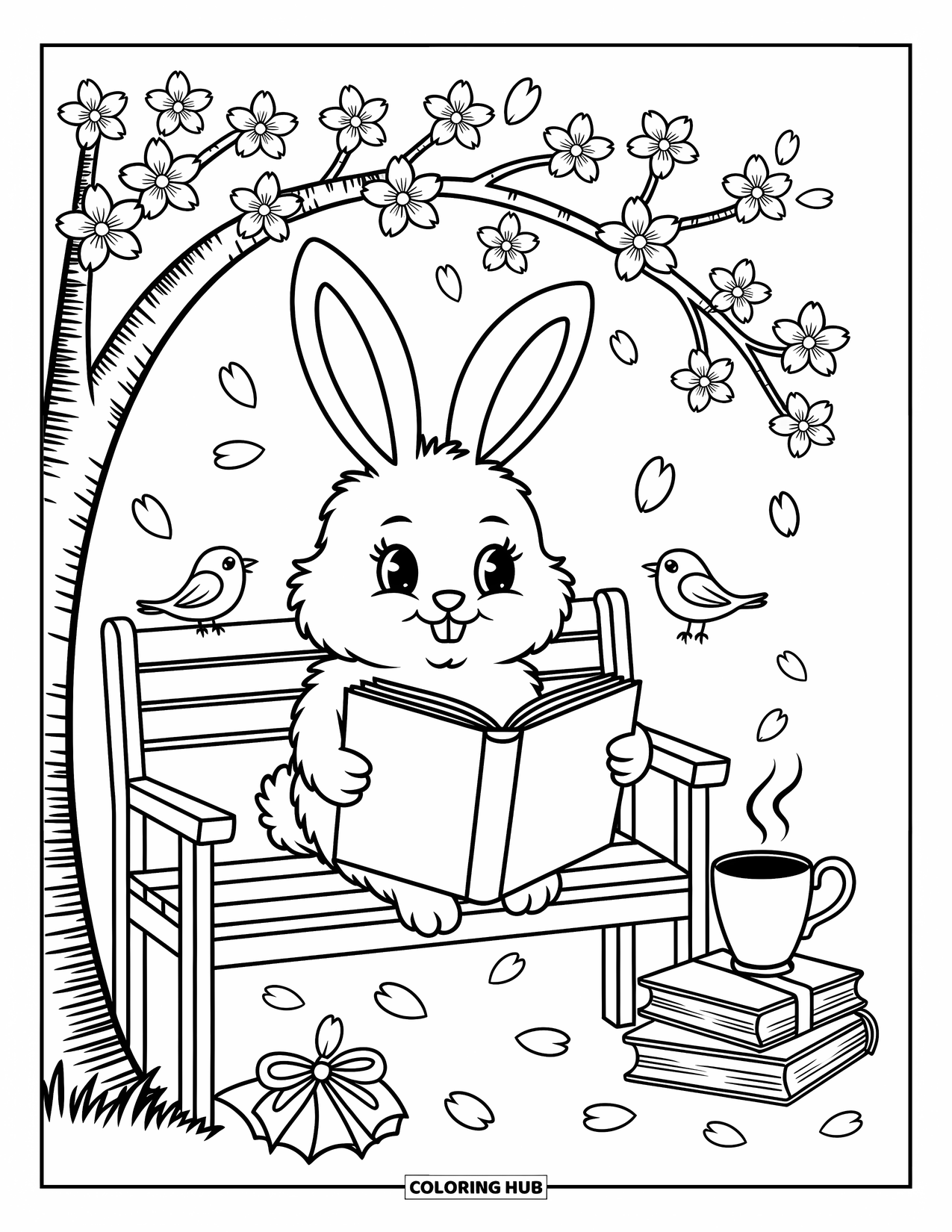 Desenho de primavera para colorir para adultos: Uma caixa de correio charmosa com uma bandeira de coração fica entre tulipas e margaridas
