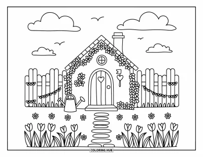 Spring Coloring Page for Adults: A charming round-door home surrounded by flowers, a stone path, and a tiny heart-shaped mailbox