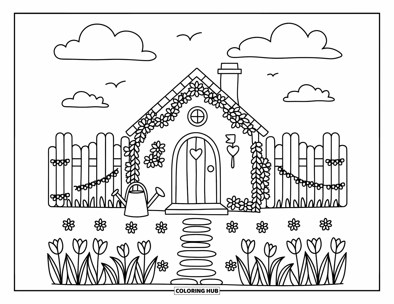 Desenho de primavera para colorir para adultos: Uma charmosa casa com porta redonda cercada por flores, um caminho de pedra e uma pequena caixa de correio em forma de coração