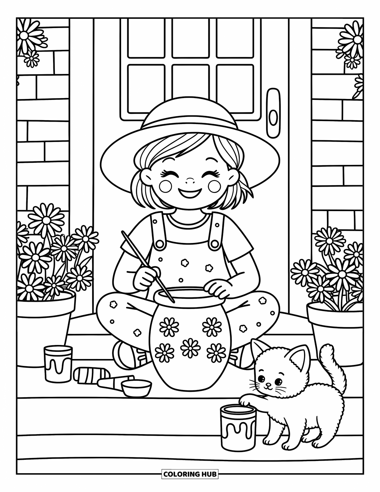 Desenho de primavera para colorir para adultos: Uma garota alegre pinta flores em um vaso de barro, enquanto um gatinho curioso mergulha a pata na tinta