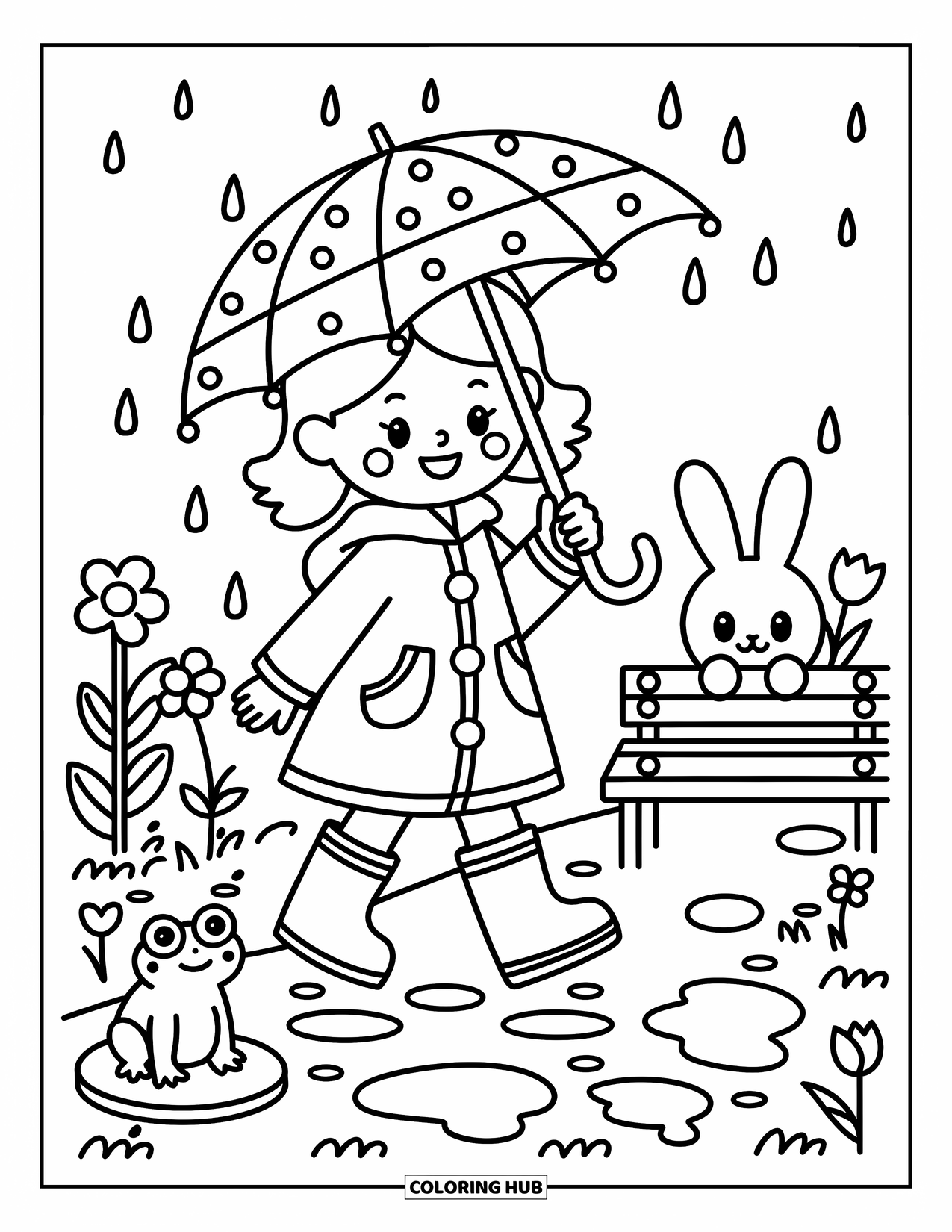Desenho de primavera para colorir para adultos: Uma garota alegre gira seu guarda-chuva na chuva, com um sapo em uma folha de nenúfar observando-a