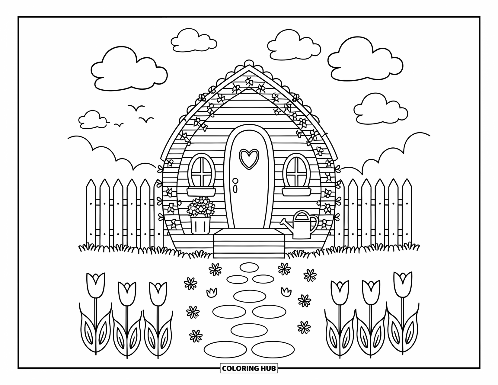 Desenho de primavera para colorir para adultos: Uma cabana com uma porta redonda, flores desabrochando e uma caixa de correio em forma de coração transmite uma sensação calorosa e convidativa