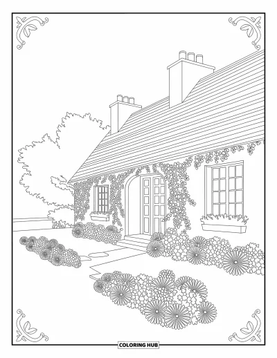 Spring Coloring Page for Adults: A countryside cottage covered in ivy, surrounded by a charming flower garden