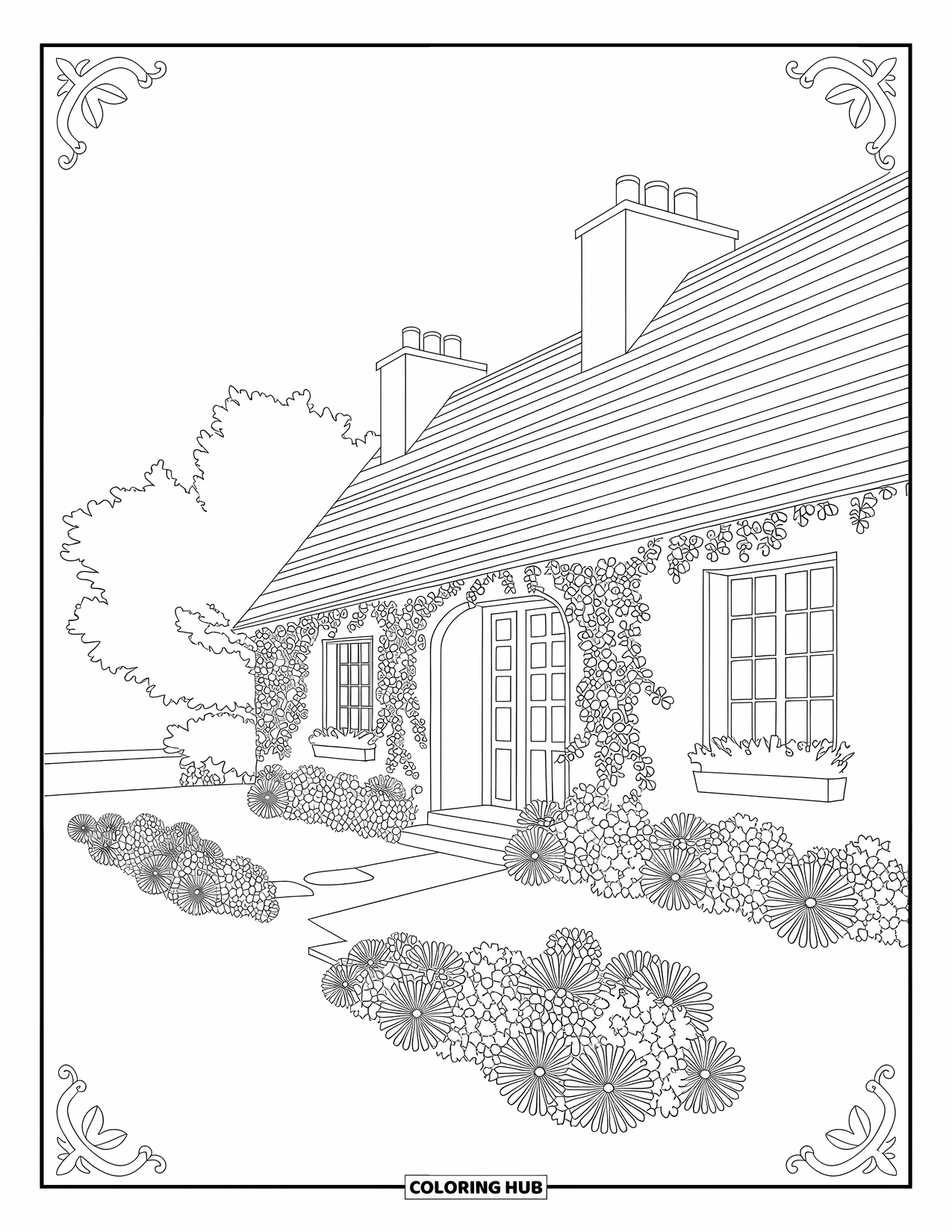 Desenho de primavera para colorir para adultos: Uma cabana de campo coberta de hera, cercada por um charmoso jardim de flores