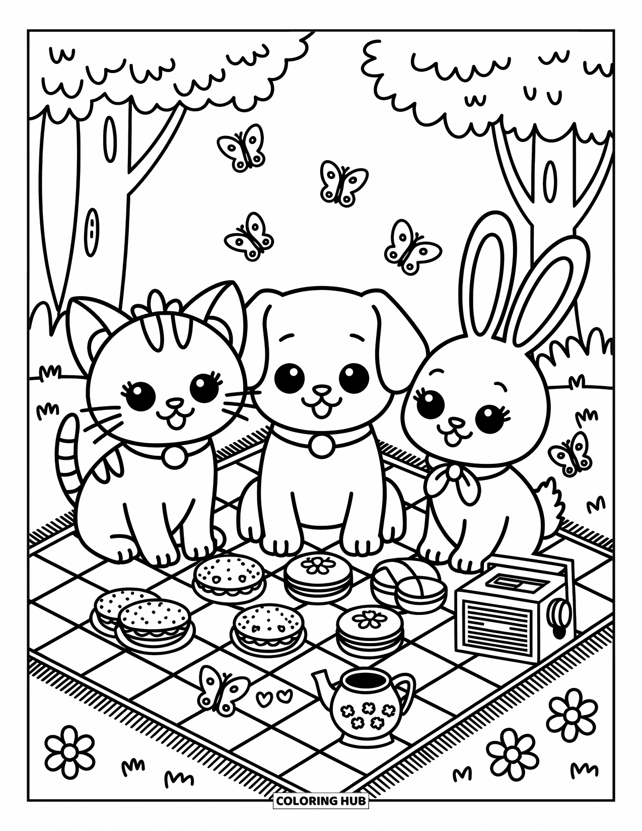 Desenho de primavera para colorir para adultos: Um coelho aconchegante senta-se sob uma cerejeira em flor, lendo enquanto pétalas caem suavemente