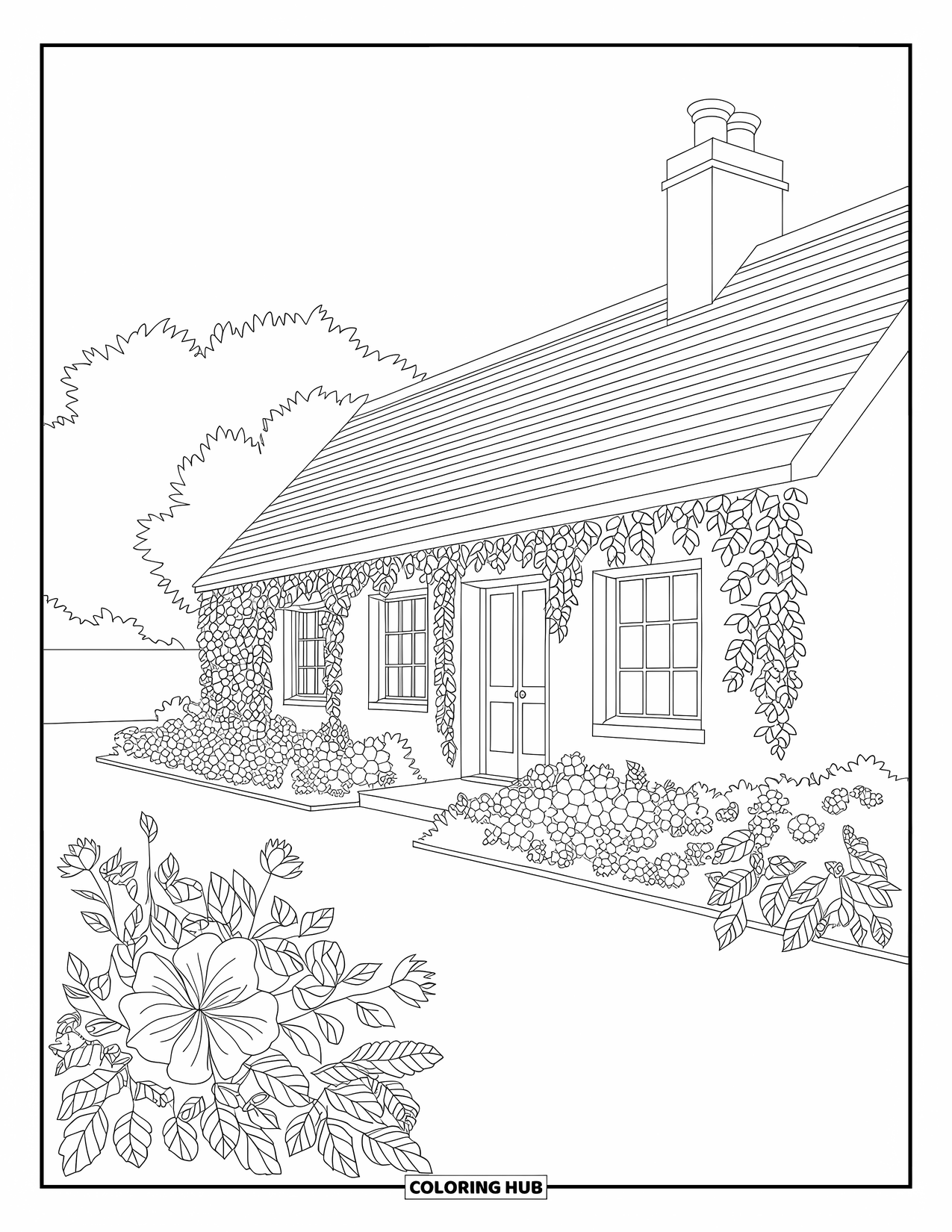 Desenho de primavera para colorir para adultos: Uma cabana aconchegante aninhada entre hera exuberante e flores de jardim coloridas