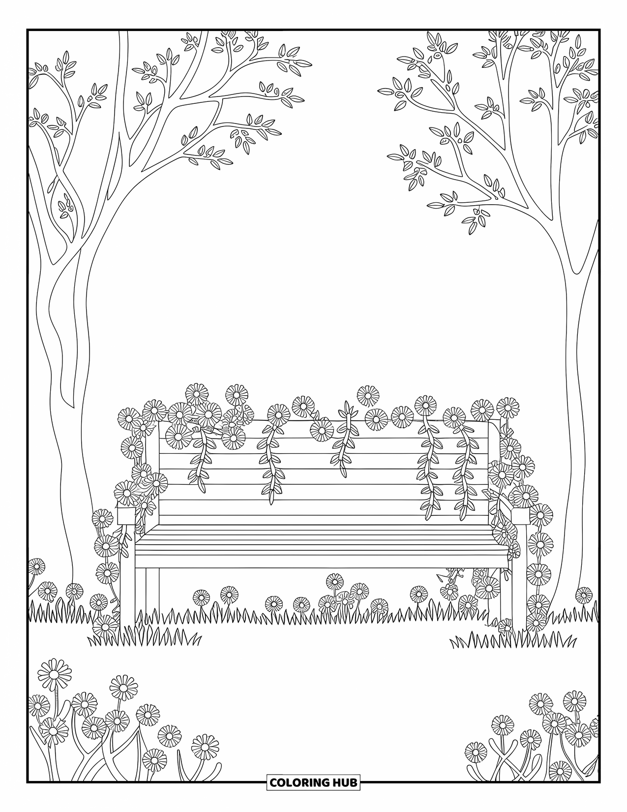 Desenho de primavera para colorir para adultos: Uma clareira aconchegante na floresta com um banco de madeira coberto de vinhas delicadas e margaridas desabrochando