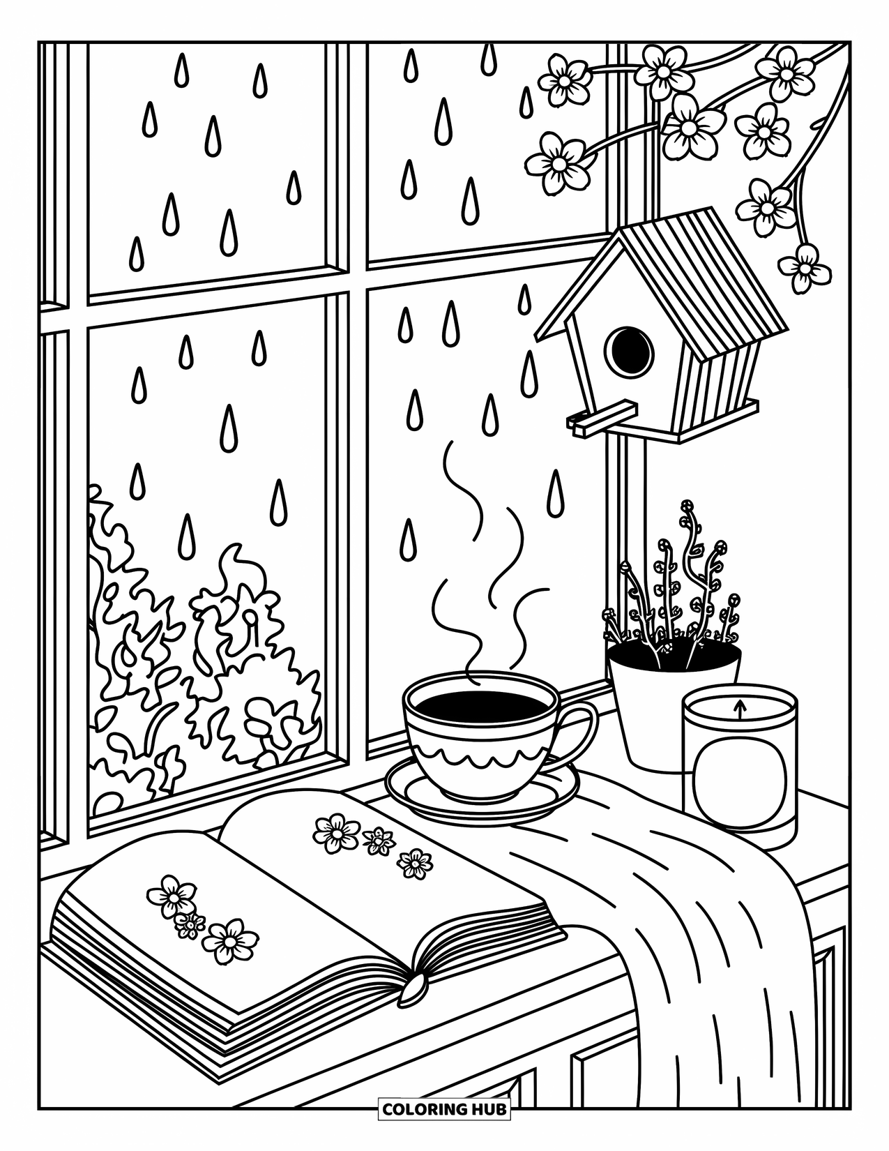 Desenho de primavera para colorir para adultos: Um balanço de jardim aconchegante com hera, luzes de fadas e uma xícara de chá esperando por perto