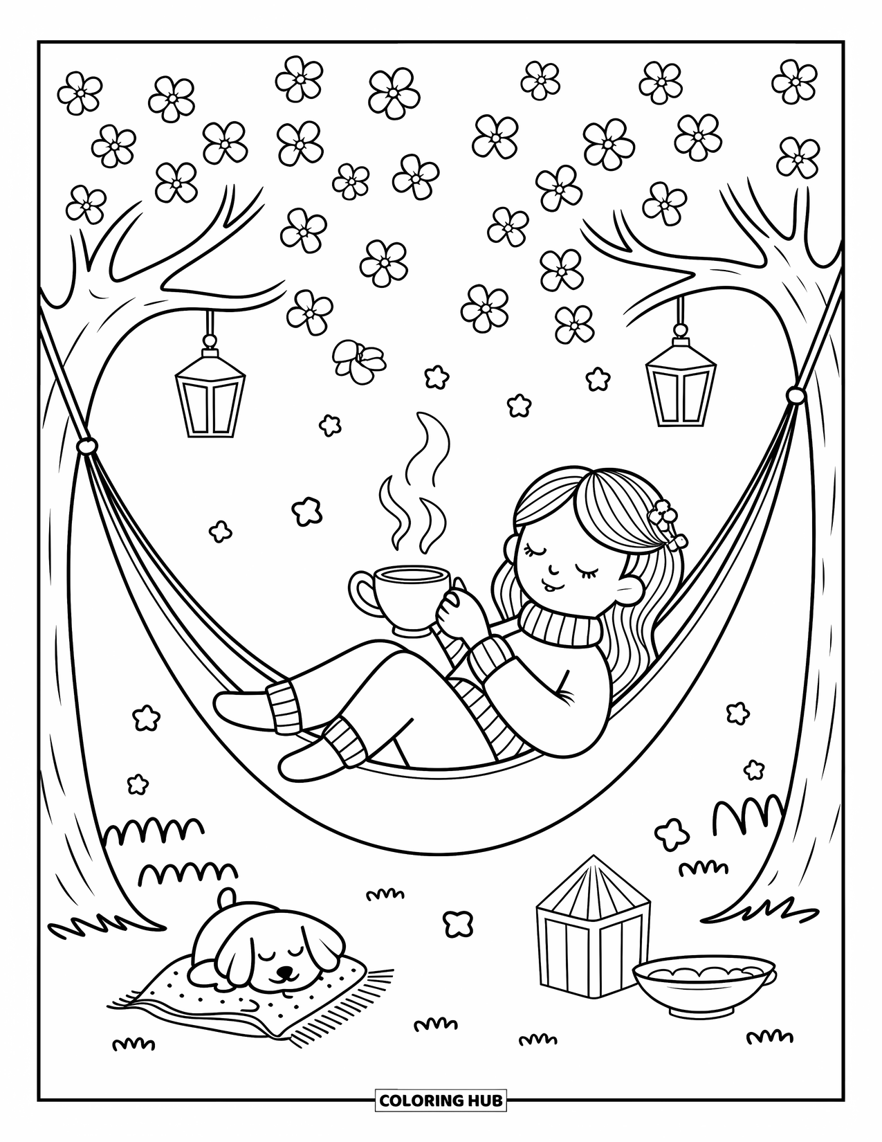 Desenho de primavera para colorir para adultos: Uma garota aconchegante toma chá em uma rede balançando, pequenas lanternas acima e um cachorrinho sonolento ao lado dela