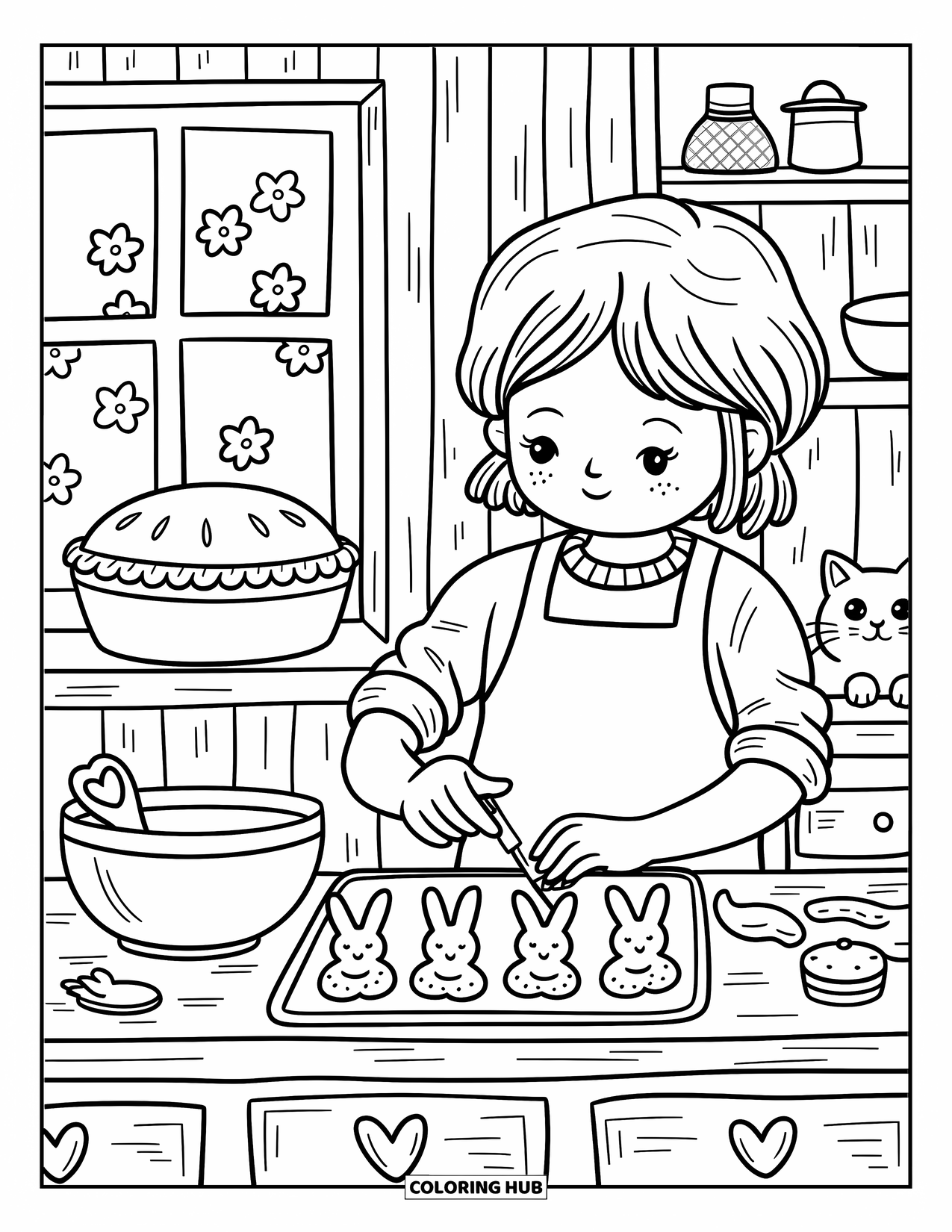 Desenho de primavera para colorir para adultos: Uma cena de cozinha aconchegante onde uma garota decora biscoitos, um gatinho espreita e uma torta quente esfria