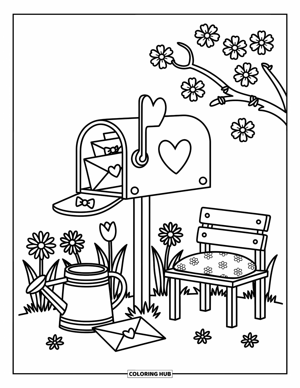 Desenho de primavera para colorir para adultos: Uma caixa de correio aconchegante com cartas seladas com coração repousa em um canteiro de tulipas desabrochando