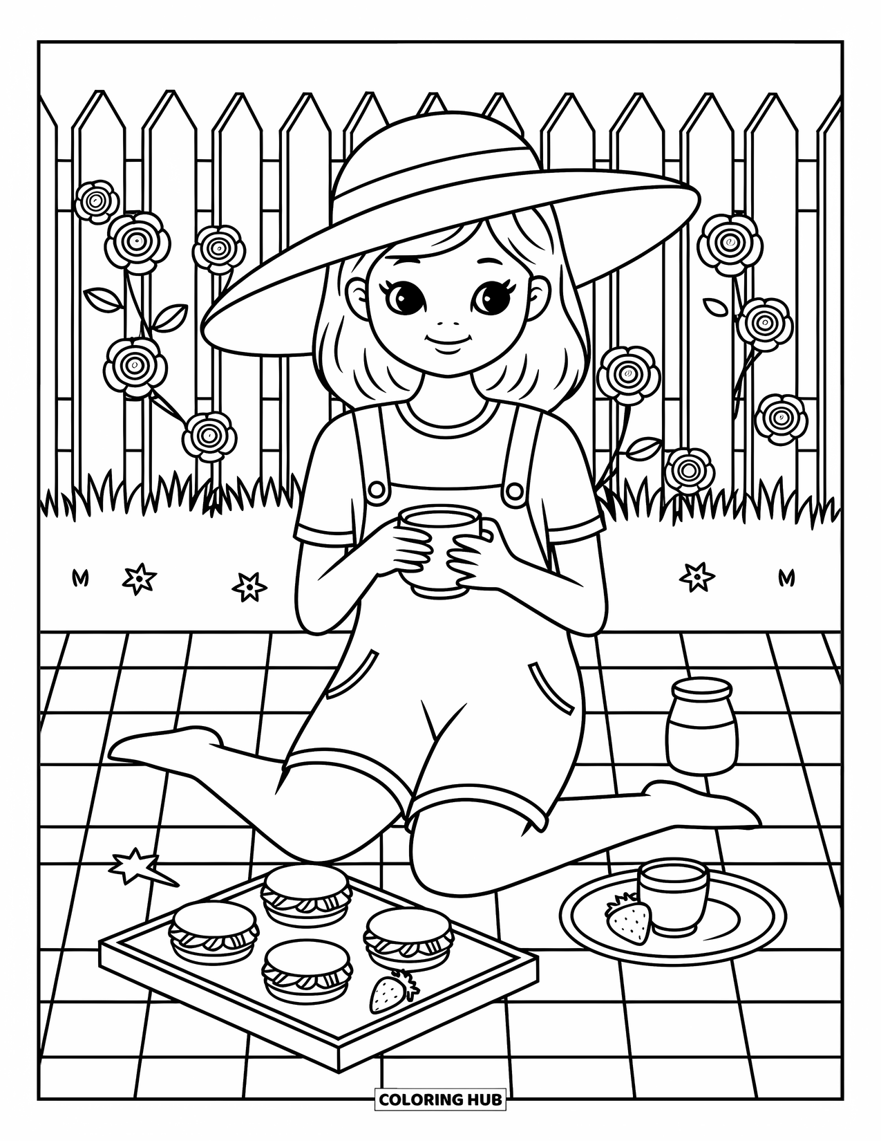 Desenho de primavera para colorir para adultos: Uma cena de piquenique aconchegante com chá, pequenos petiscos e rosas desabrochando atrás de uma garota de chapéu de sol