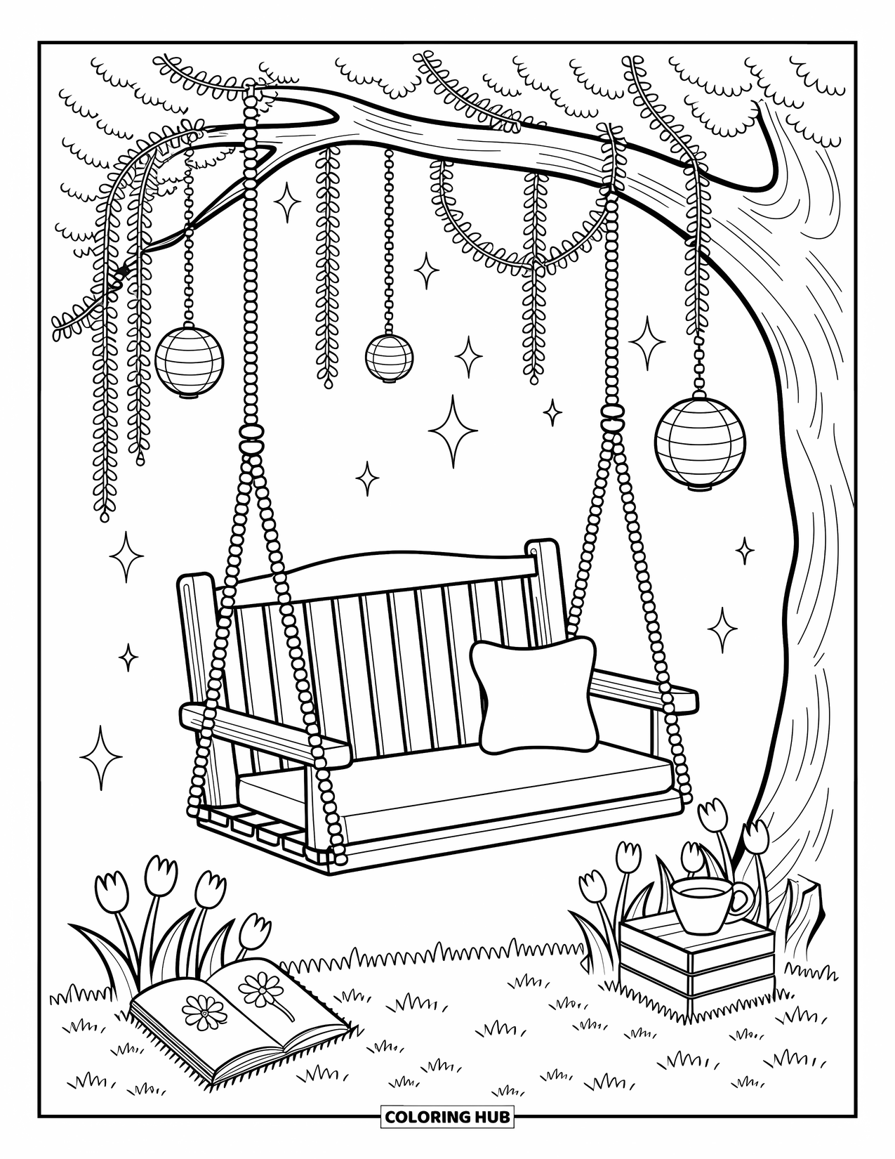 Desenho de primavera para colorir para adultos: Um balanço aconchegante com um livro e uma xícara de chá repousa sob luzes cintilantes, cercado por tulipas e cogumelos