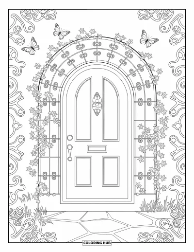 Spring Coloring Page for Adults: A decorative garden door adorned with twisting ivy, delicate ironwork, and graceful butterflies