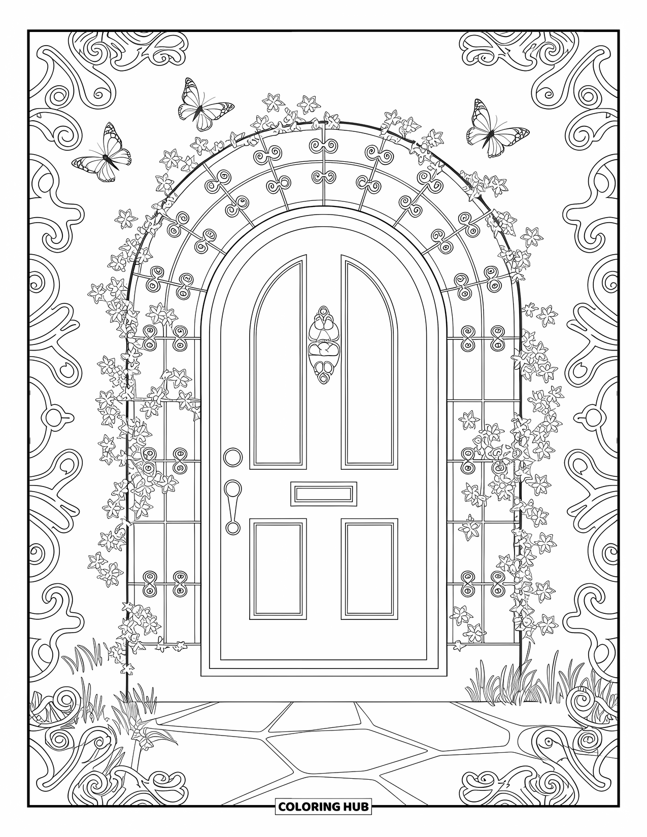 Desenho de primavera para colorir para adultos: Uma porta de jardim decorativa adornada com hera retorcida, trabalhos de ferro delicados e borboletas graciosas