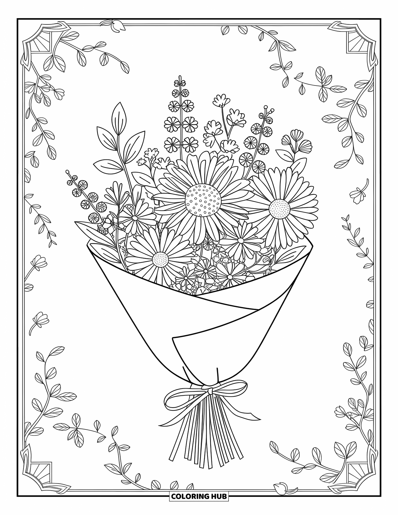 Desenho de primavera para colorir para adultos: Um delicado buquê de flores da primavera embrulhado em papel, com vinhas elegantes e folhas rodopiantes