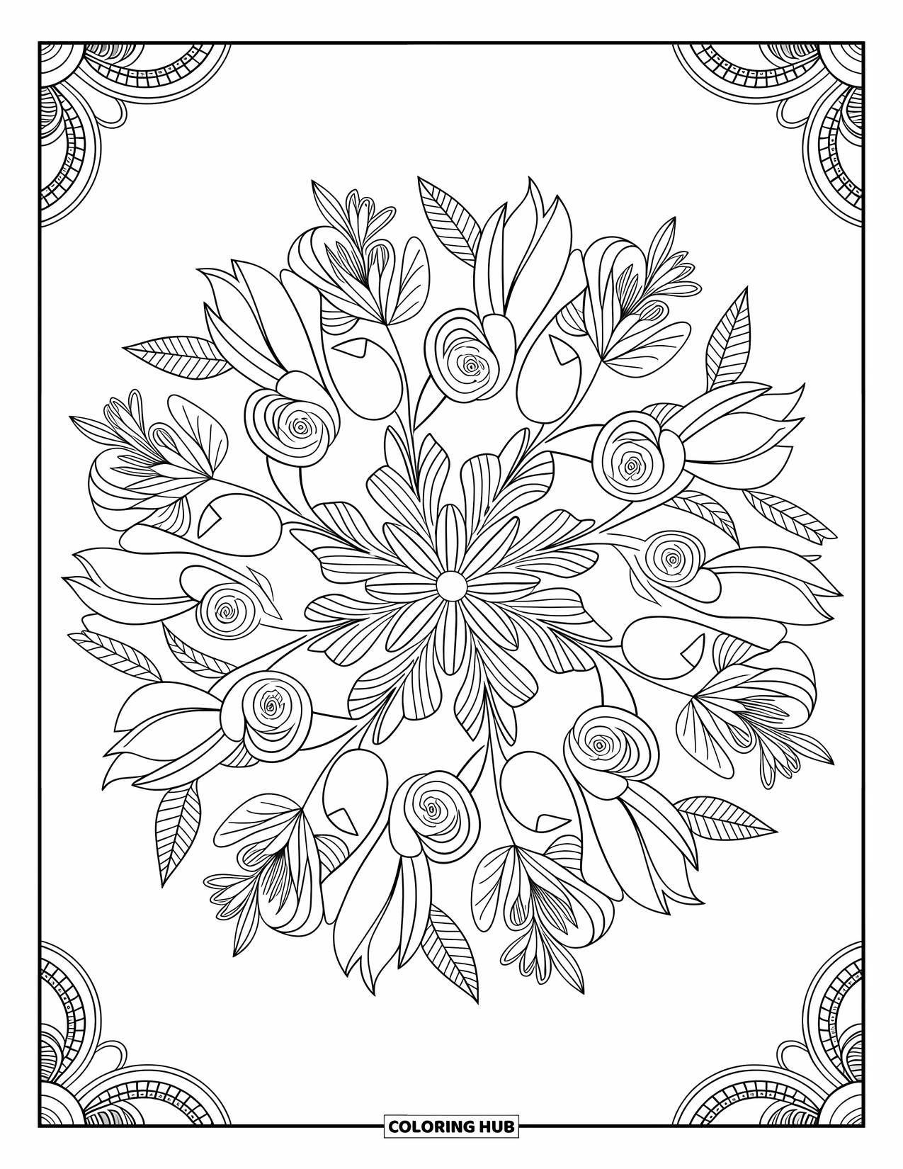 Desenho de primavera para colorir para adultos: Uma delicada mandala floral com rosas, tulipas e narcisos, cercada por padrões intrincados