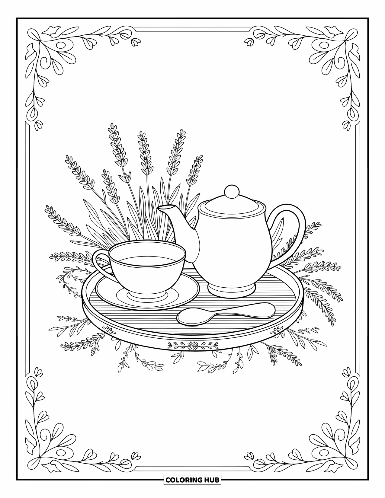Desenho de primavera para colorir para adultos: Um delicado conjunto de chá em uma bandeja, lindamente arranjado com raminhos de lavanda e ervas