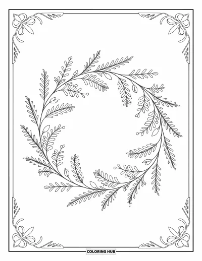 Spring Coloring Page for Adults: A delicate wreath of wildflowers with two tiny birds resting peacefully on its branches