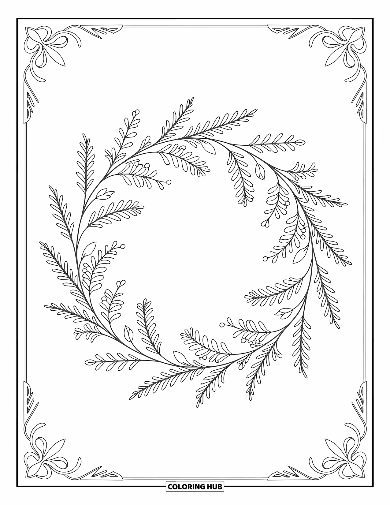 Desenho de primavera para colorir para adultos: Uma delicada guirlanda de flores silvestres com dois pequenos pássaros descansando pacificamente em seus galhos