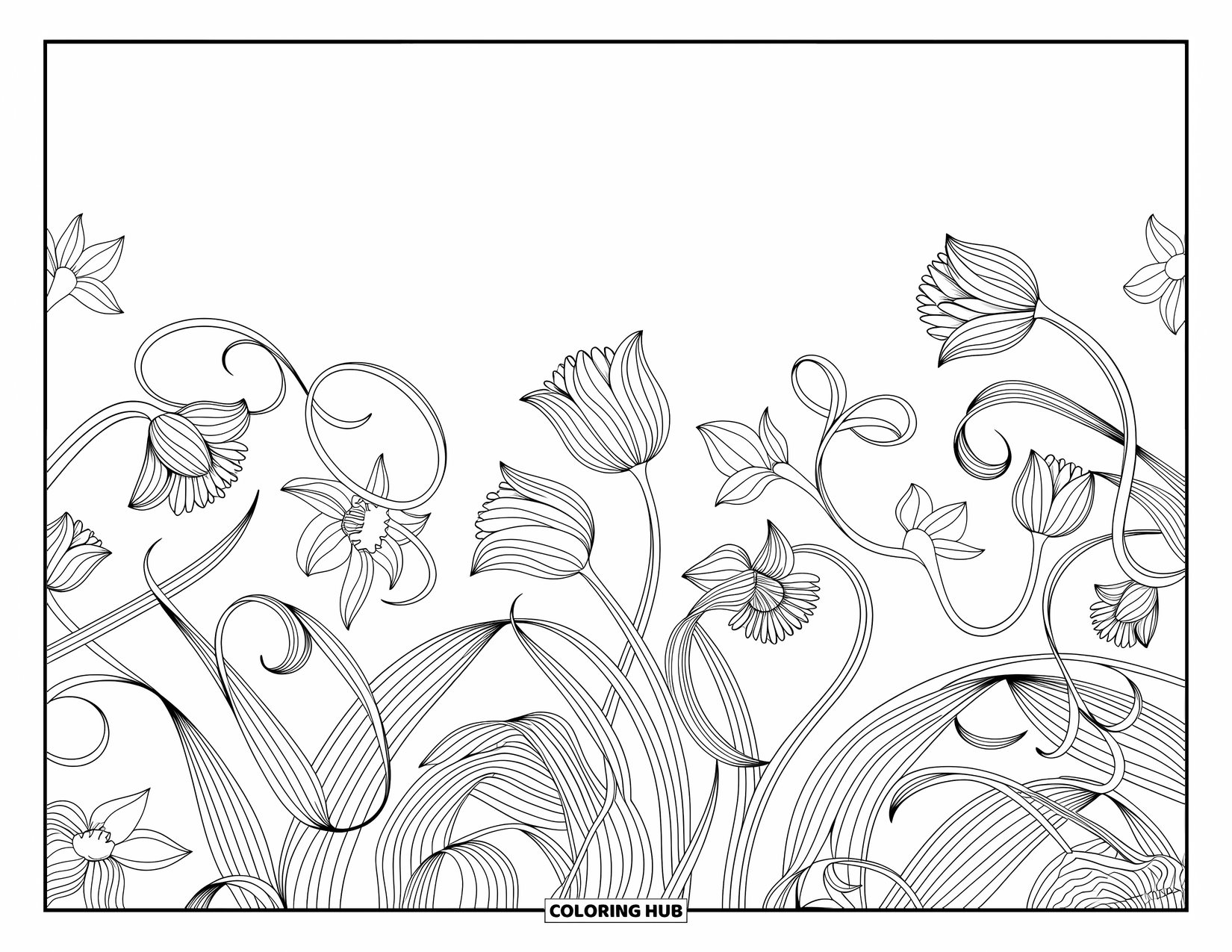 Desenho de primavera para colorir para adultos: Um arranjo floral detalhado de tulipas, narcisos e folhas entrelaçadas em um design elegante