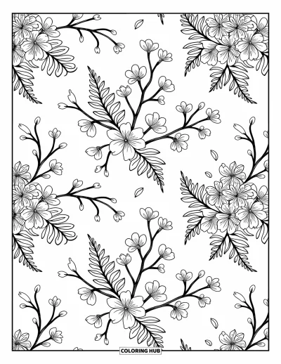 Spring Coloring Page for Adults: A detailed mandala design featuring cherry blossoms, ferns, and gracefully swirling floral elements