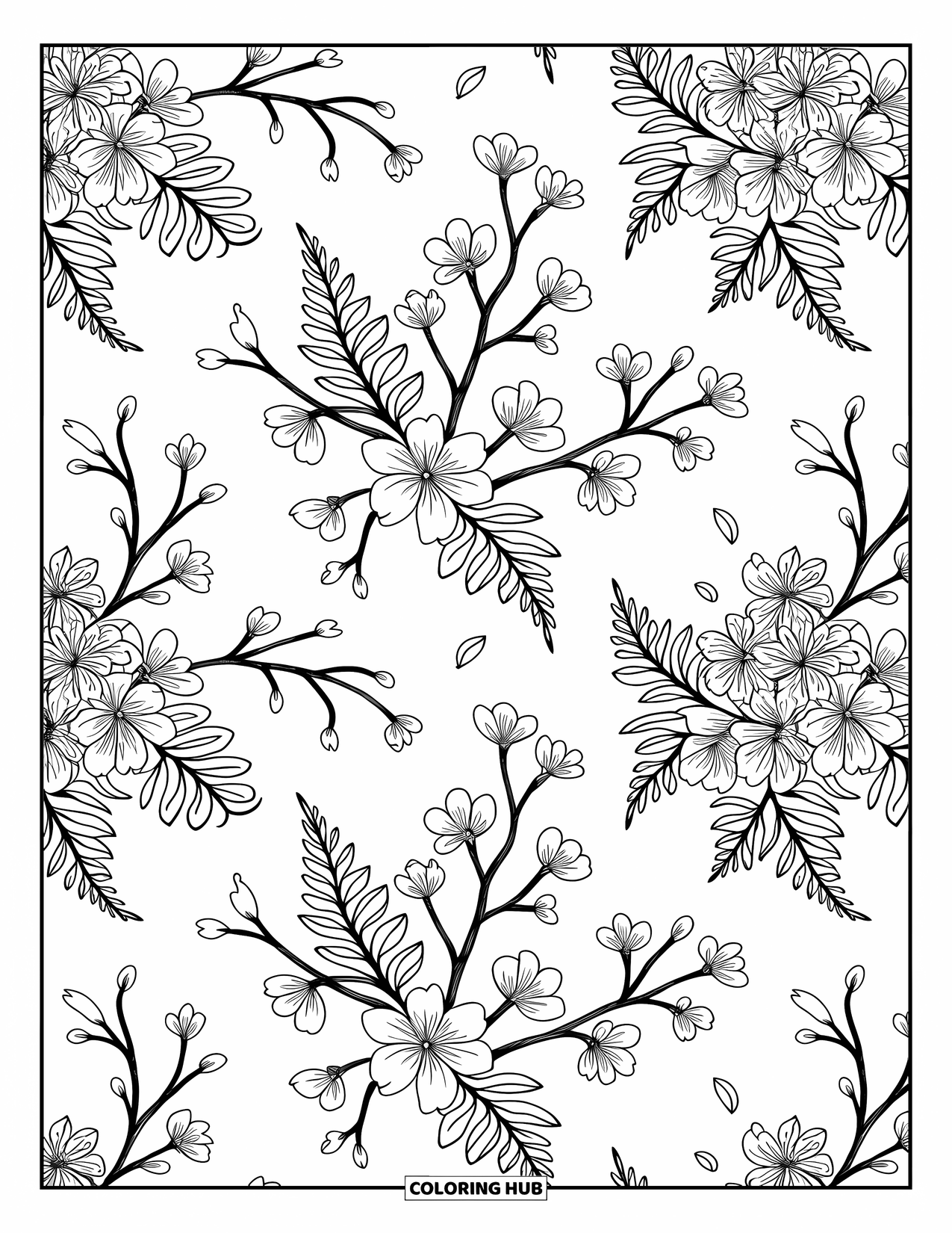 Desenho de primavera para colorir para adultos: Um design de mandala detalhado com flores de cerejeira, samambaias e elementos florais rodopiantes graciosamente