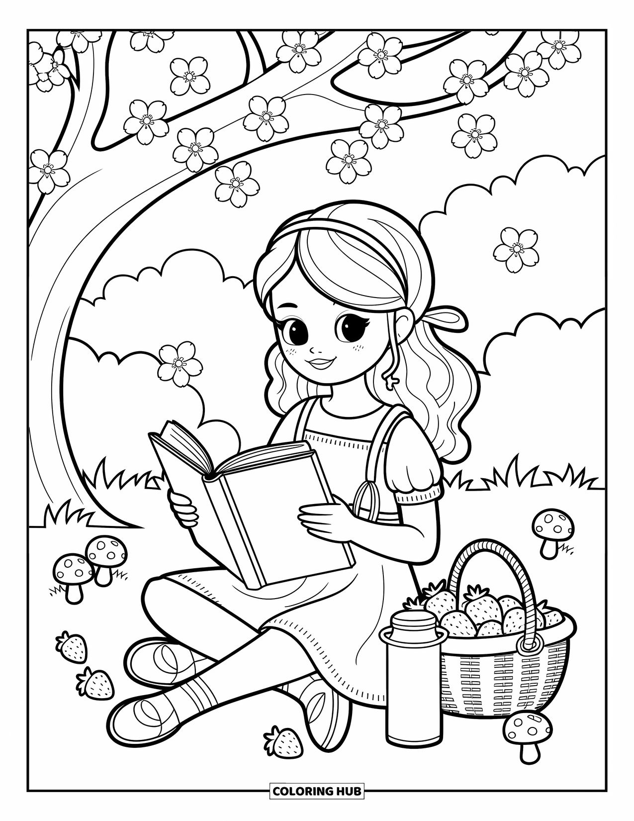 Desenho de primavera para colorir para adultos: Uma cena de primavera sonhadora de uma garota lendo sob cerejeiras em flor, com pequenos rabiscos caprichosos ao redor dela