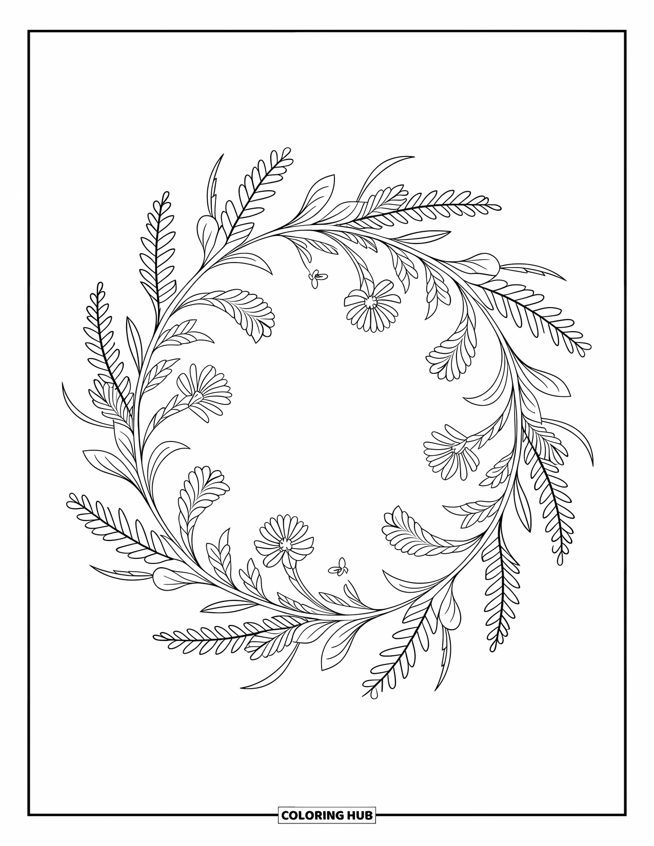 Desenho de primavera para colorir para adultos: Uma guirlanda floral com dois pequenos pássaros empoleirados entre as folhas detalhadas e flores silvestres