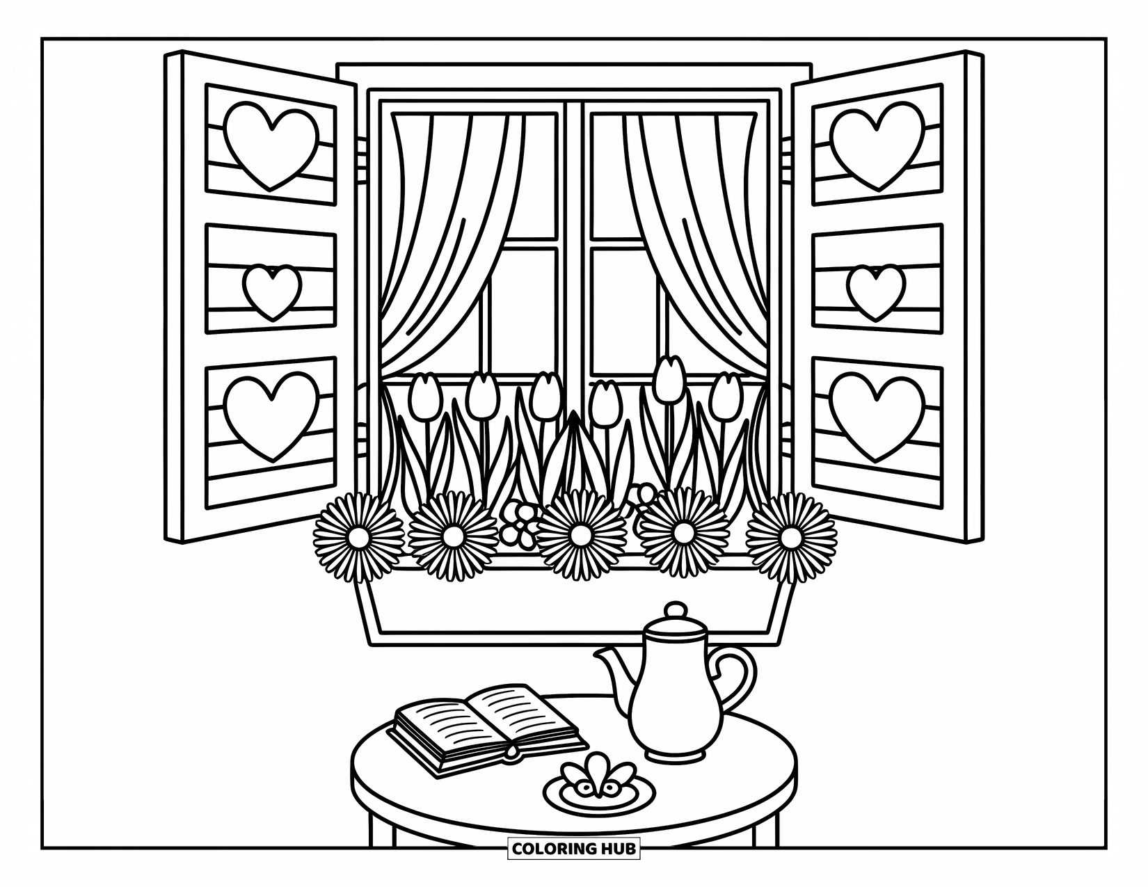 Desenho de primavera para colorir para adultos: Uma janela adornada com flores com um conjunto de chá e biscoitos em forma de borboleta em uma pequena mesa pitoresca