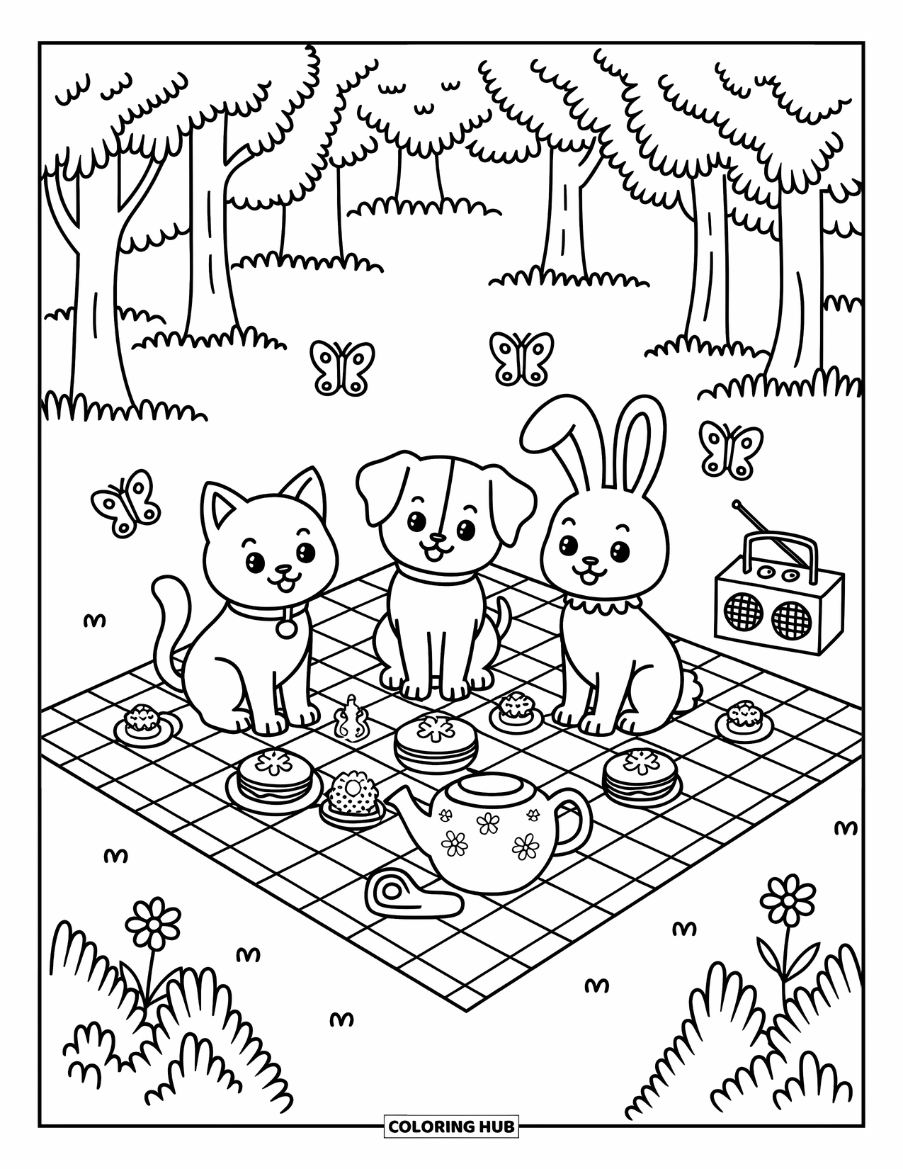 Desenho de primavera para colorir para adultos: Um coelho fofo lê em um banco sob uma cerejeira em flor, com pássaros observando por perto