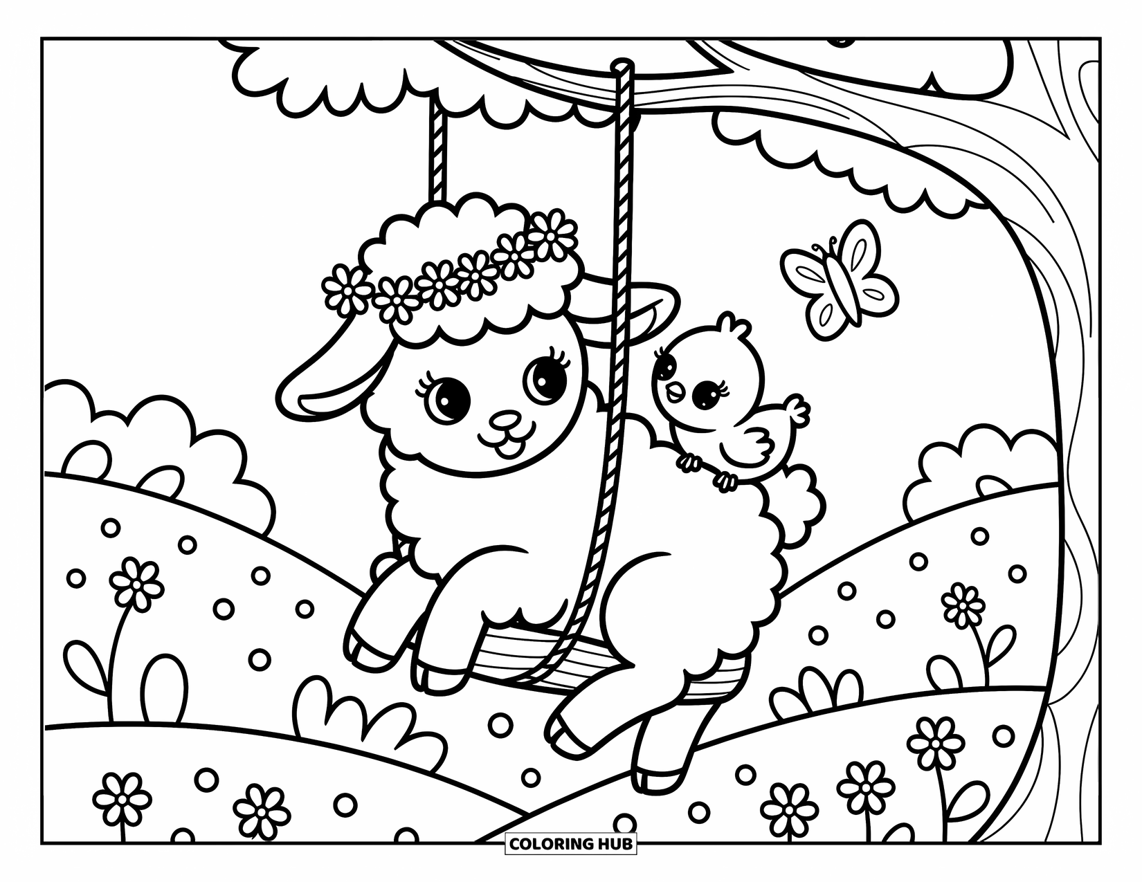 Desenho de primavera para colorir para adultos: Um cordeiro fofo com uma coroa de flores balança em uma árvore, embalando um pintinho minúsculo
