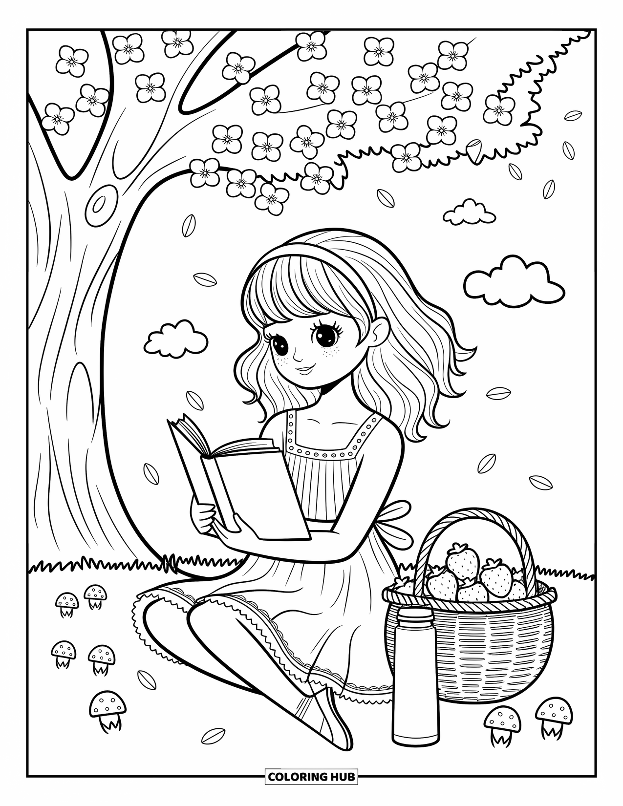 Desenho de primavera para colorir para adultos: Uma brisa suave carrega flores de cerejeira enquanto uma garota desfruta de um livro com morangos e chá