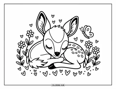 Spring Coloring Page for Adults: A gentle fawn rests among wildflowers, surrounded by tiny heart-shaped leaves