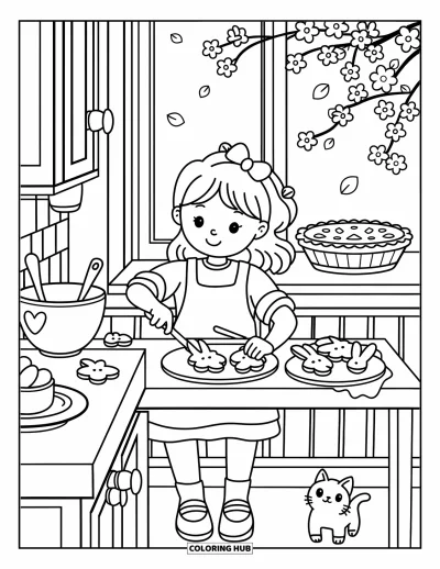Spring Coloring Page for Adults: A girl decorates bunny-shaped cookies in a rustic kitchen, while a kitten watches and a pie cools nearby