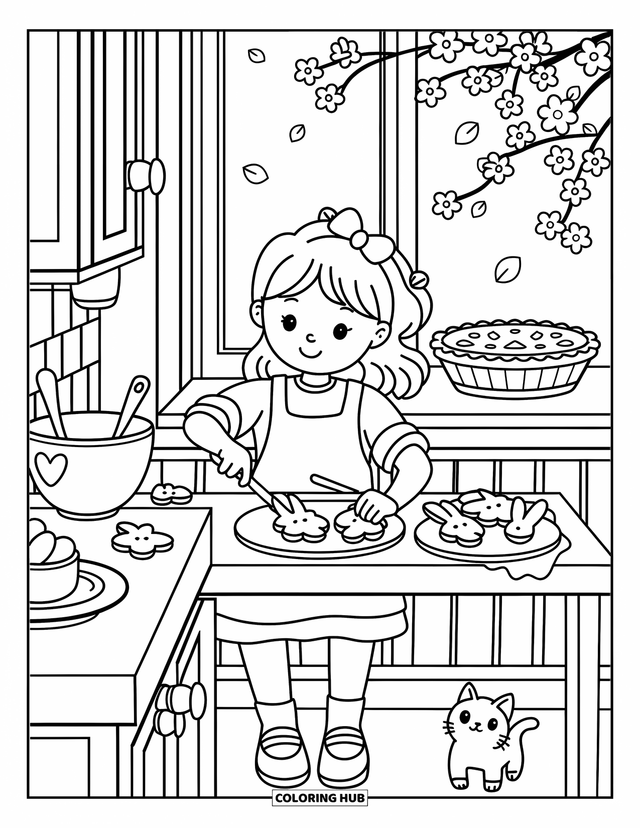 Desenho de primavera para colorir para adultos: Uma garota decora biscoitos em forma de coelho em uma cozinha rústica, enquanto um gatinho observa e uma torta esfria por perto
