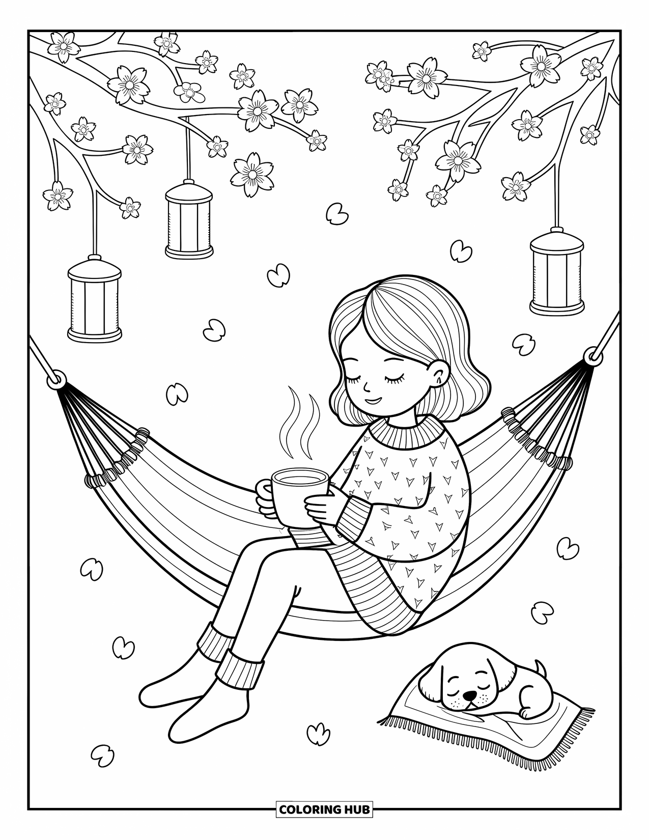 Desenho de primavera para colorir para adultos: Uma garota de suéter aconchegante toma chá em uma rede, cerejeiras em flor flutuando enquanto lanternas brilham acima