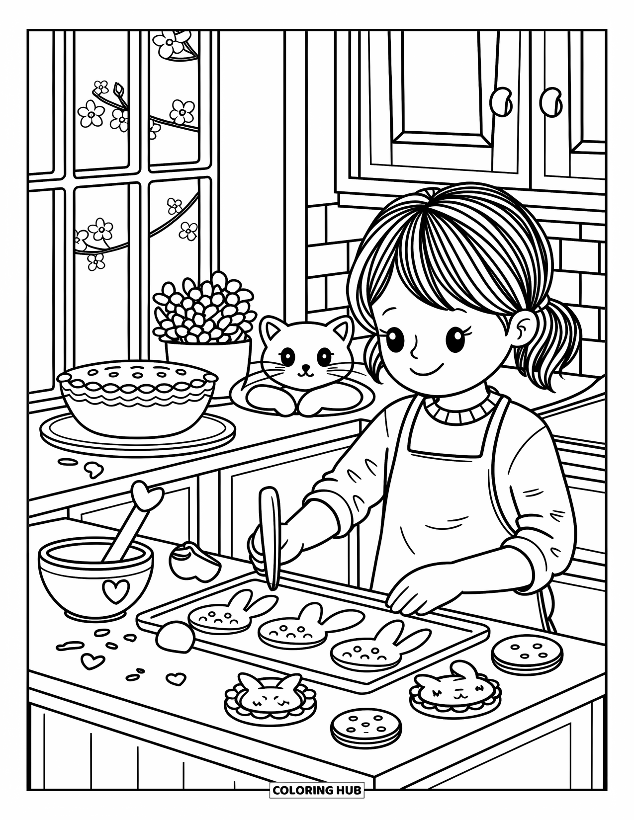 Desenho de primavera para colorir para adultos: Uma garota em uma cozinha rústica decora biscoitos enquanto um gatinho observa e cerejeiras em flor florescem do lado de fora