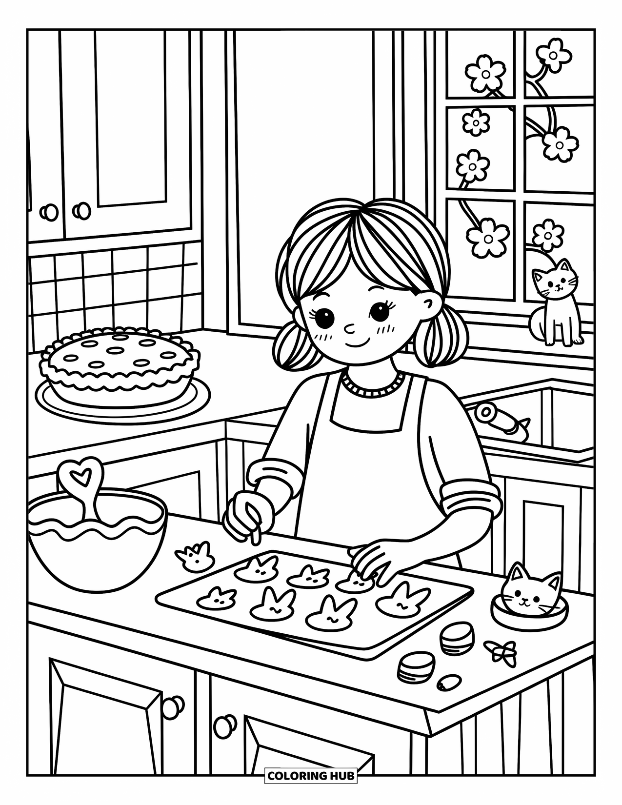 Desenho de primavera para colorir para adultos: Uma garota de avental decora biscoitos enquanto um gatinho espreita e uma torta esfria no parapeito da janela