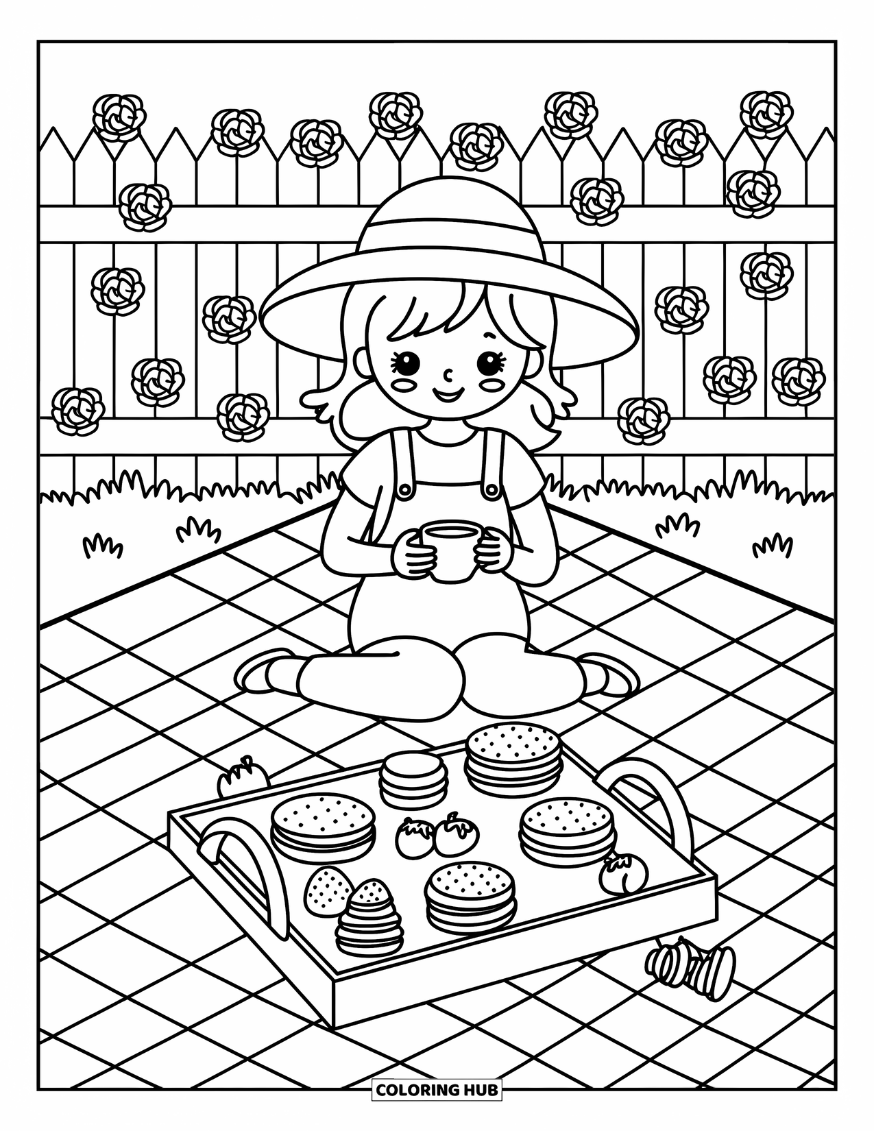 Desenho de primavera para colorir para adultos: Uma garota de macacão desfruta de um piquenique com chá, pequenos sanduíches e tortinhas de morango sob uma cerca coberta de rosas