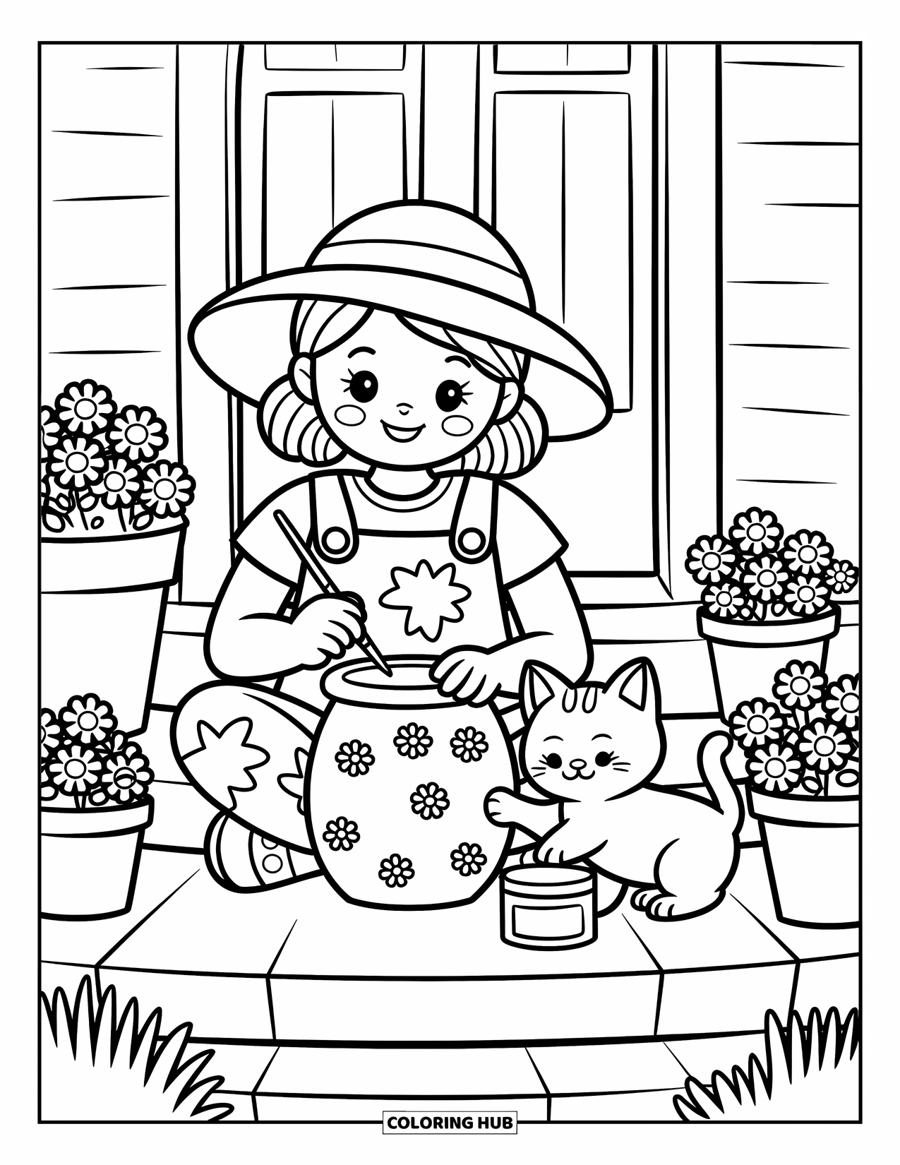 Desenho de primavera para colorir para adultos: Uma garota de macacão pinta desenhos de flores em um vaso de barro, com um gatinho brincalhão ao lado dela