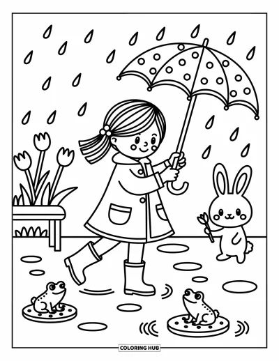 Spring Coloring Page for Adults: A girl in rain boots twirls an umbrella as raindrops ripple puddles, with a bunny peeking nearby