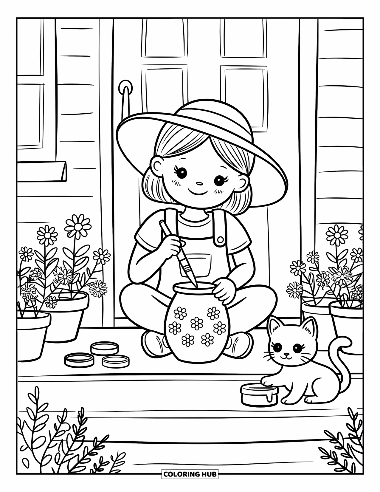 Desenho de primavera para colorir para adultos: Uma garota na varanda de um chalé pinta um vaso de barro, cercada por flores desabrochando e um gatinho curioso