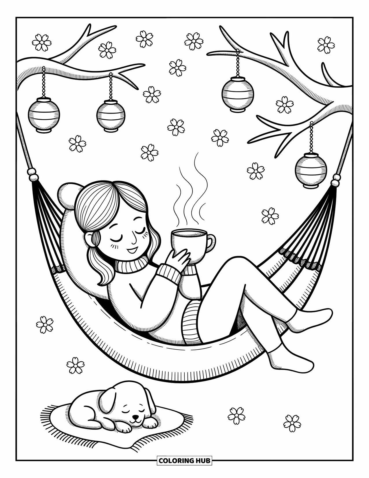 Desenho de primavera para colorir para adultos: Uma garota relaxa em uma rede com uma xícara de chá quente enquanto cerejeiras em flor caem suavemente ao seu redor