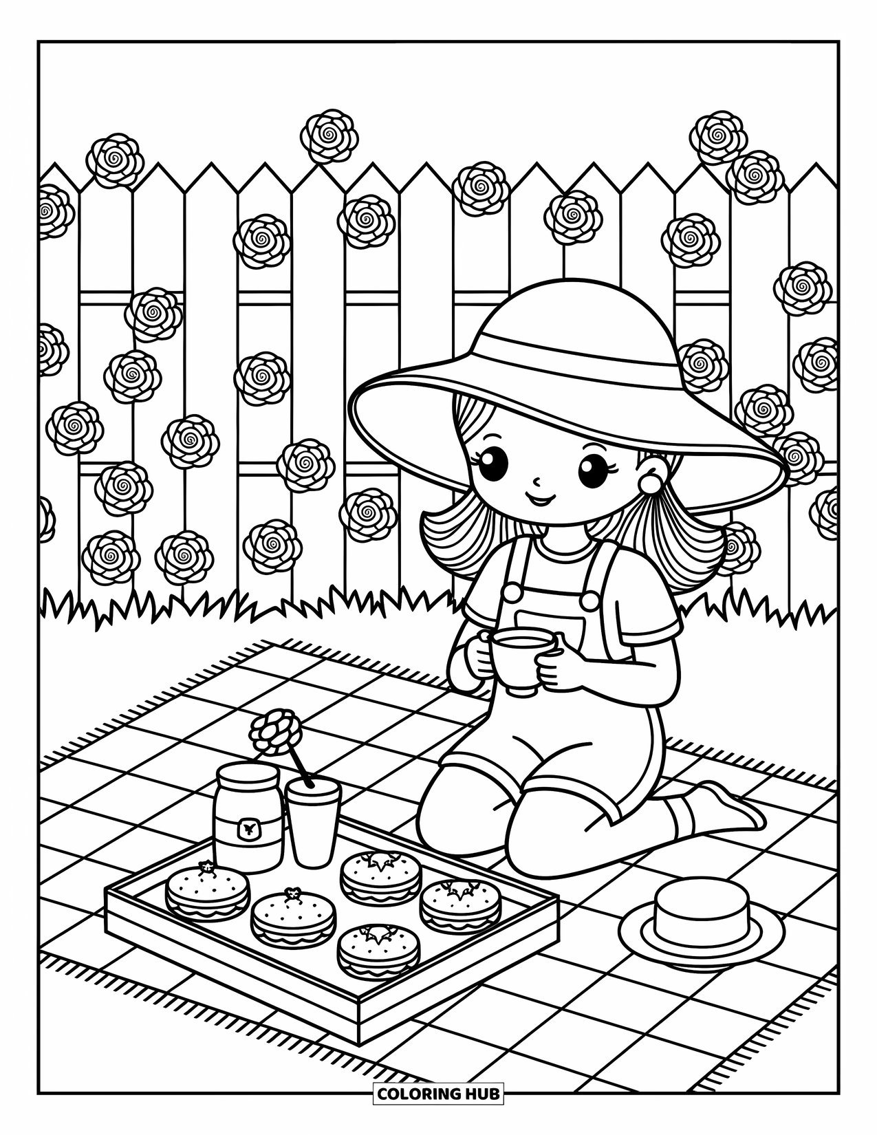 Desenho de primavera para colorir para adultos: Uma garota toma chá em uma manta de piquenique, cercada por pequenos petiscos e rosas desabrochando