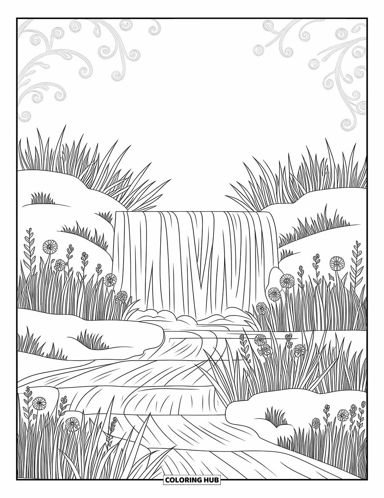 Desenho de primavera para colorir para adultos: Uma cachoeira graciosa caindo em um riacho, emoldurada por grama alta e flores silvestres desabrochando