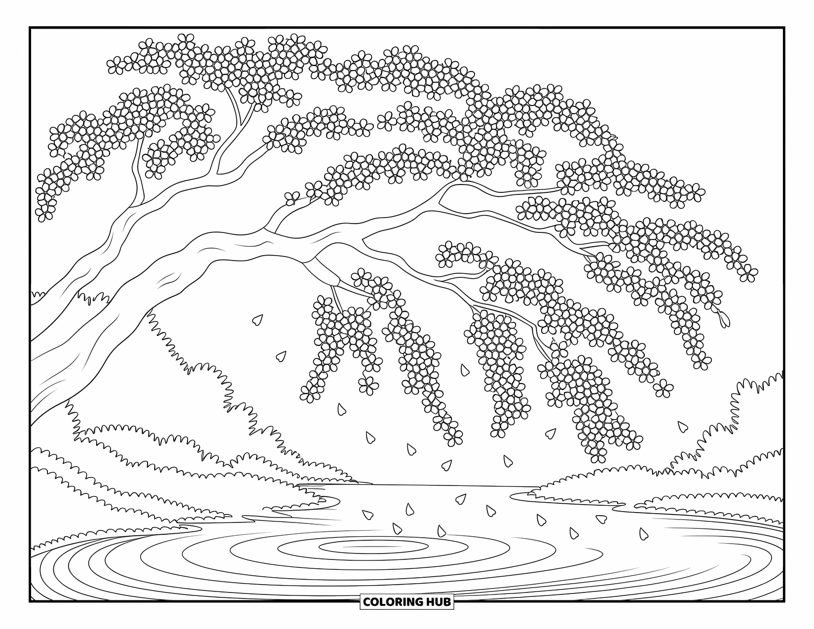 Desenho de primavera para colorir para adultos: Uma grande cerejeira em flor com pétalas caindo suavemente em um lago tranquilo abaixo