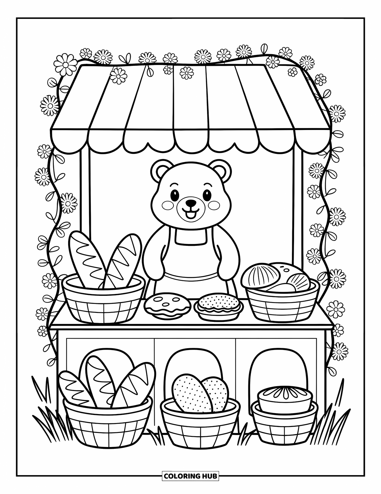 Desenho de primavera para colorir para adultos: Um urso feliz vende pão, biscoitos e tortas minúsculas em uma barraca adornada com flores